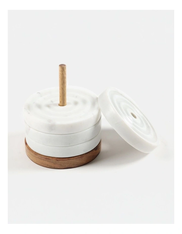 Turned Marble & Wood Coasters and Stand Set of 4 in White image 1