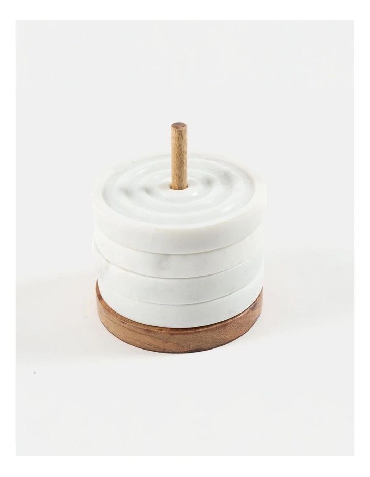Turned Marble & Wood Coasters and Stand Set of 4 in White image 3