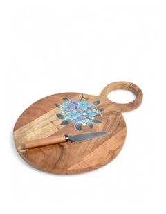 Acacia Wood Chopping Board with Hand Painted Violets in Natural