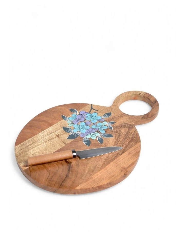 Acacia Wood Chopping Board with Hand Painted Violets in Natural image 1