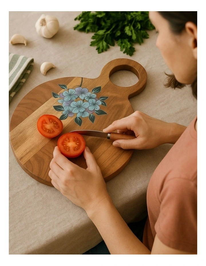 Acacia Wood Chopping Board with Hand Painted Violets in Natural image 2