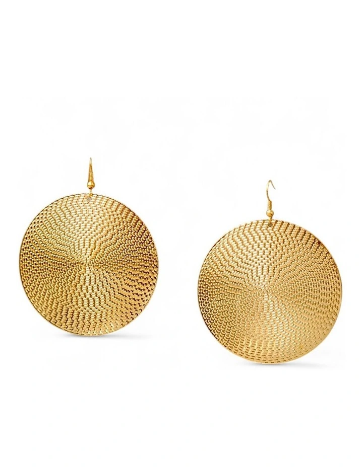 Embossed Metal Disc Dangle Earrings in Gold image 1