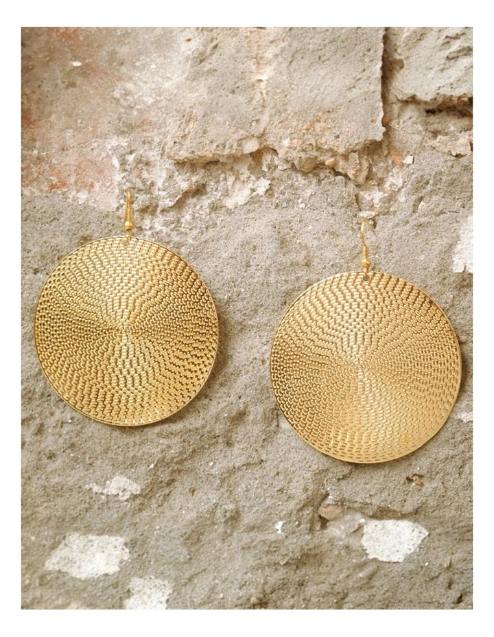 Embossed Metal Disc Dangle Earrings in Gold image 3