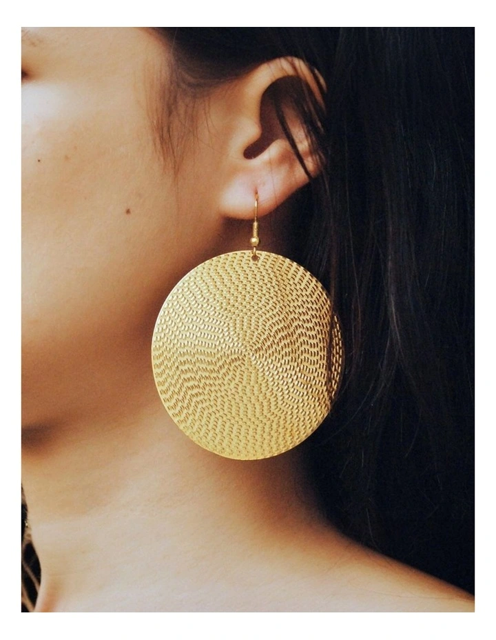 Embossed Metal Disc Dangle Earrings in Gold image 4