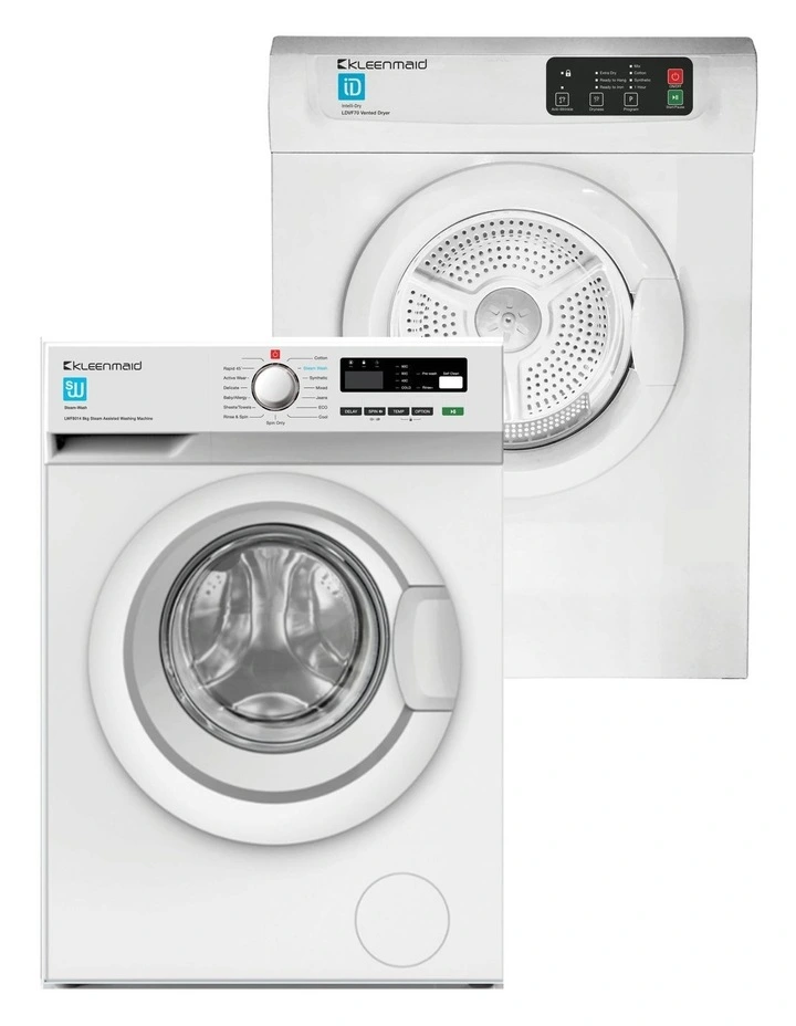 Steam Assisted Front Load Washing Machine 8kg & Vented Clothes Dryer 7kg Bundle image 1