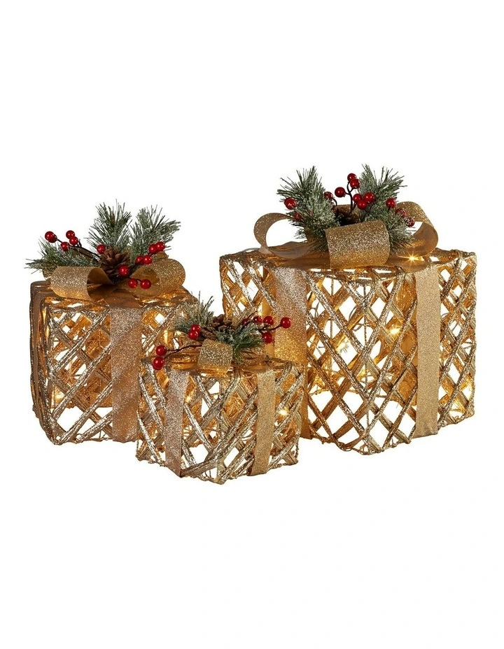 LED Light Christmas Gift Boxes Display Set of 3 in Gold image 1