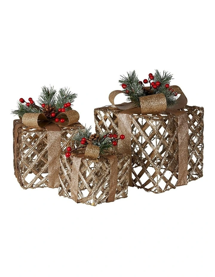 LED Light Christmas Gift Boxes Display Set of 3 in Gold image 2