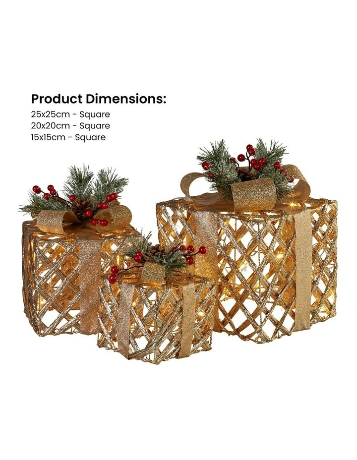 LED Light Christmas Gift Boxes Display Set of 3 in Gold image 3
