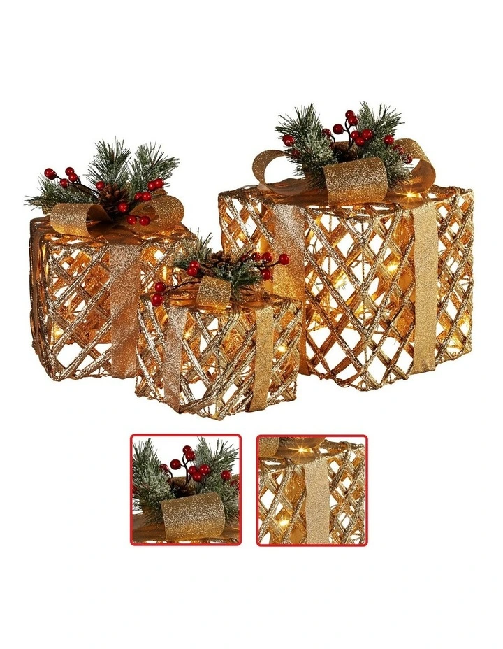 LED Light Christmas Gift Boxes Display Set of 3 in Gold image 4