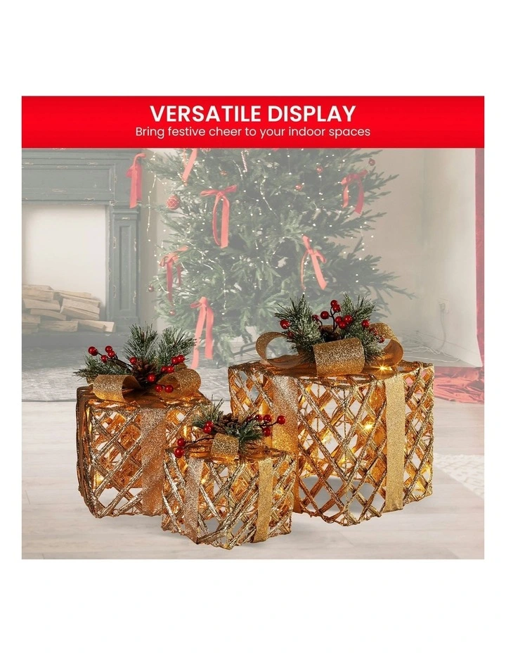 LED Light Christmas Gift Boxes Display Set of 3 in Gold image 5