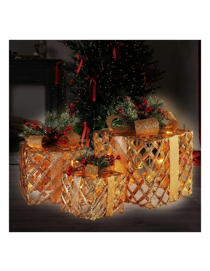 LED Light Christmas Gift Boxes Display Set of 3 in Gold image 6