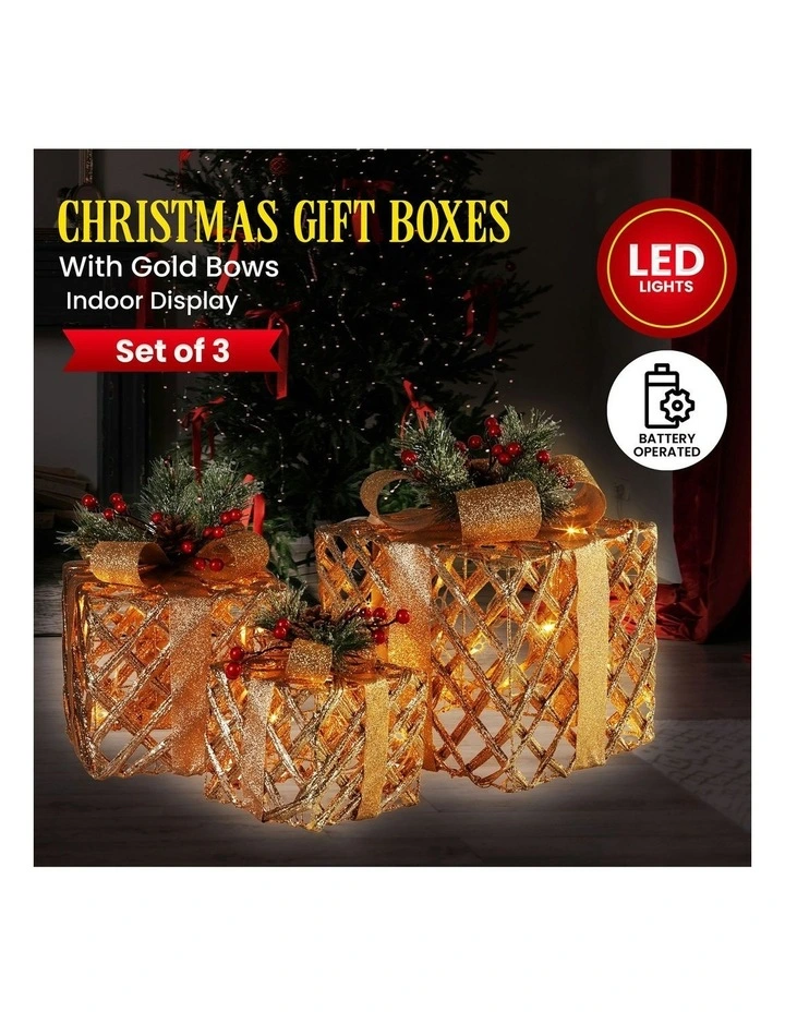 LED Light Christmas Gift Boxes Display Set of 3 in Gold image 7