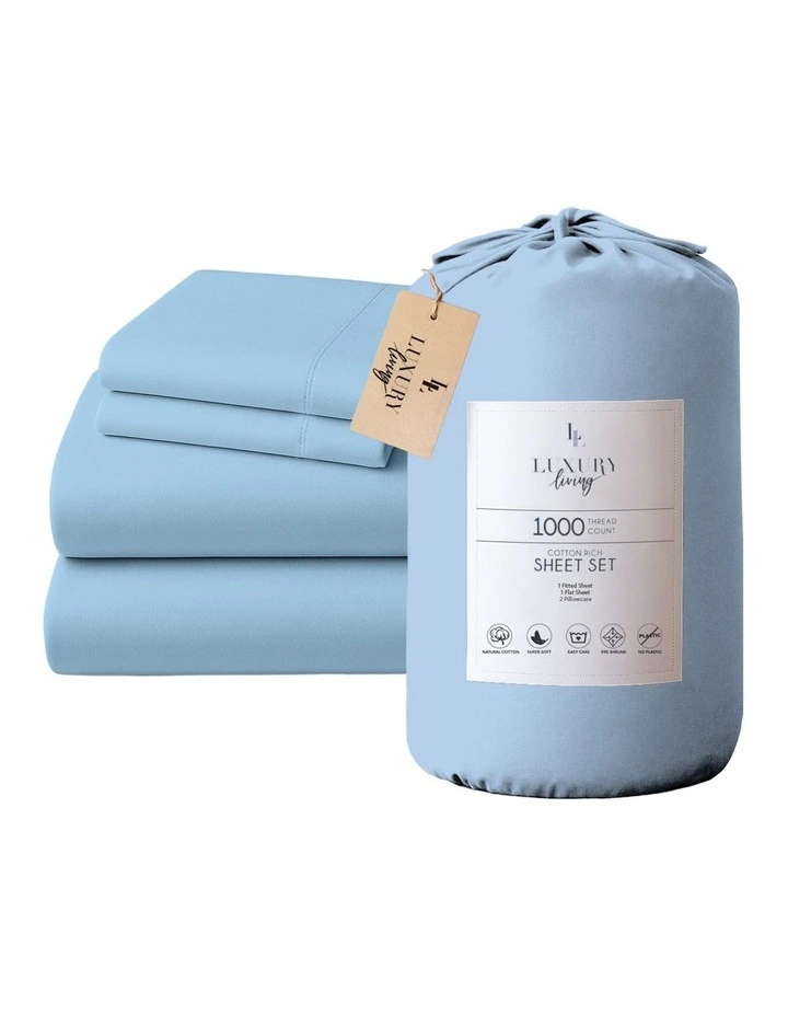 Cotton Rich King Bed Sheet 4 Piece in Blue image 1
