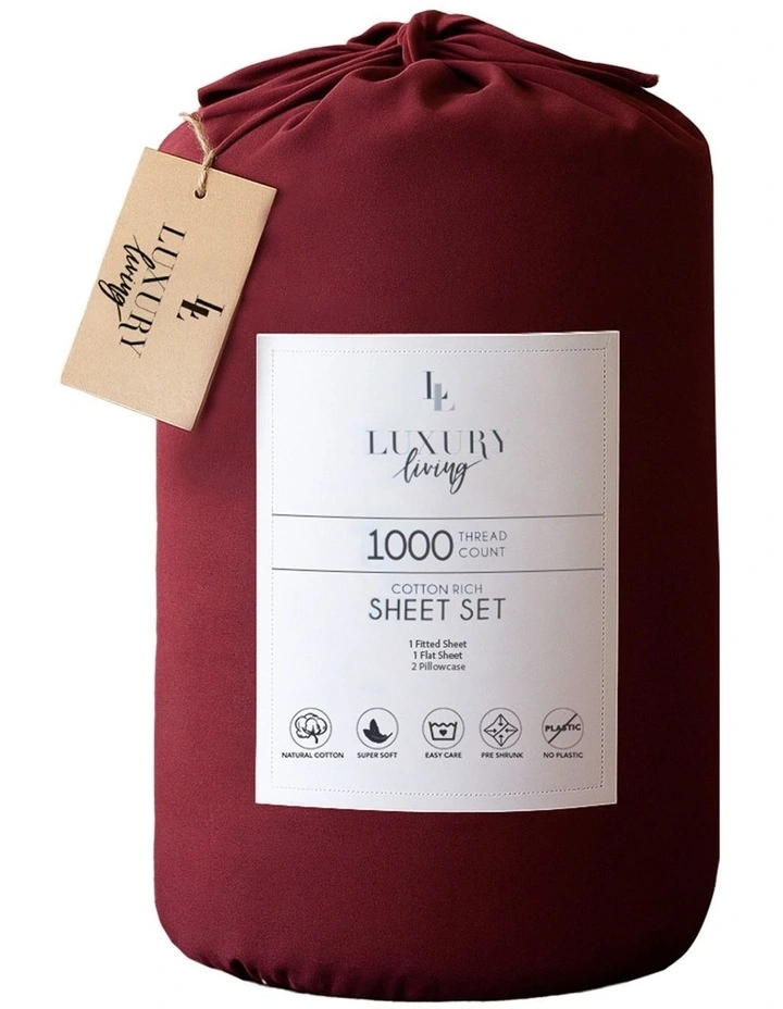 Cotton Rich Queen Bed Sheets 4-Piece Set in Burgundy image 3
