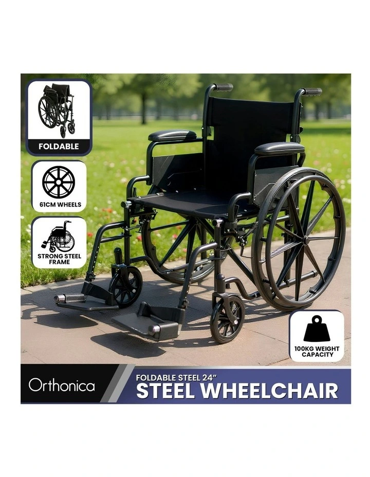 Foldable Steel Wheelchair 24Inch in Black image 2
