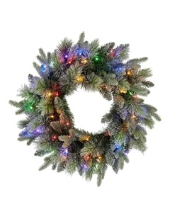 Battery Operated Christmas Wreath With LED Lights & Timer 61cm in Multi