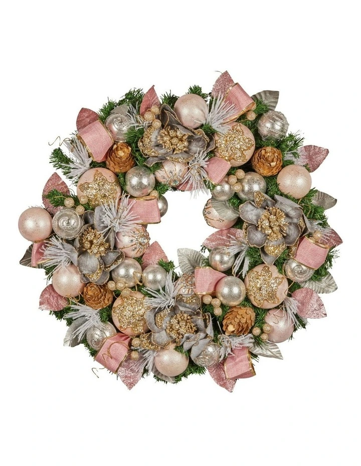 Christmas Wreath with Jewelled Baubles, Foliage, Flowers, Ribbon & Berries in Multi image 1