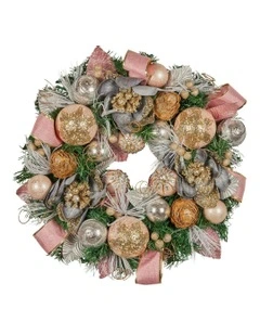 Christmas Wreath With Jewelled Baubles, Foliage, Flowers, Pine Cones, Ribb in Multi