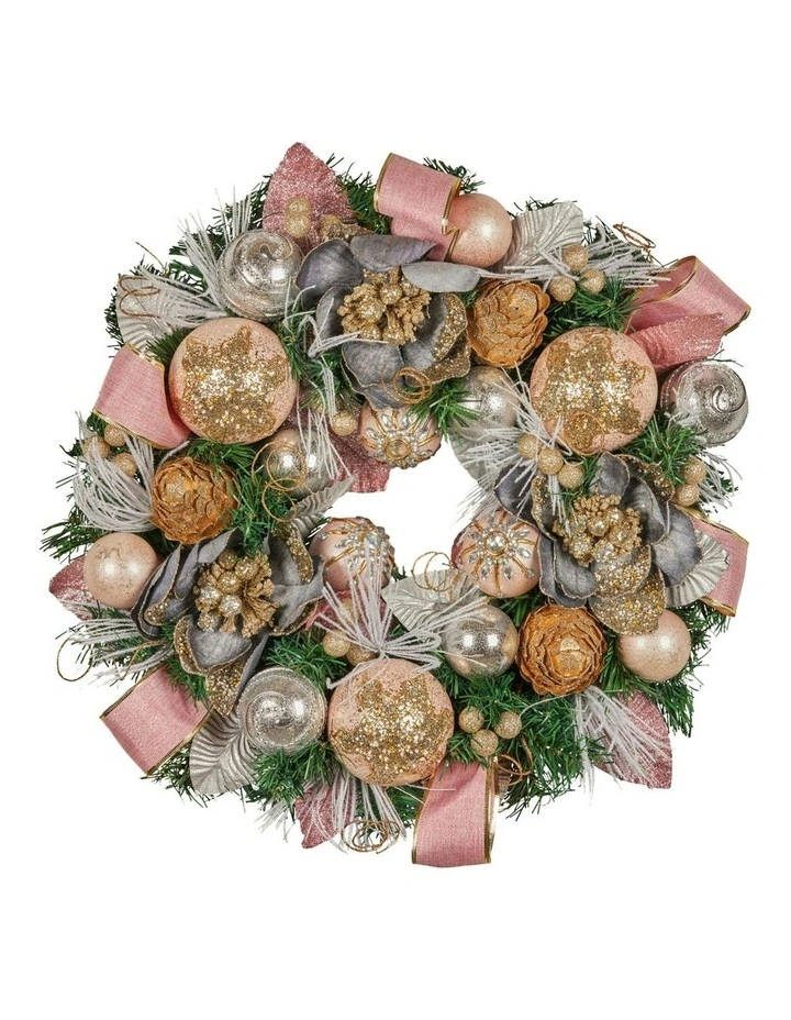 Christmas Wreath With Jewelled Baubles, Foliage, Flowers, Pine Cones, Ribb in Multi image 1