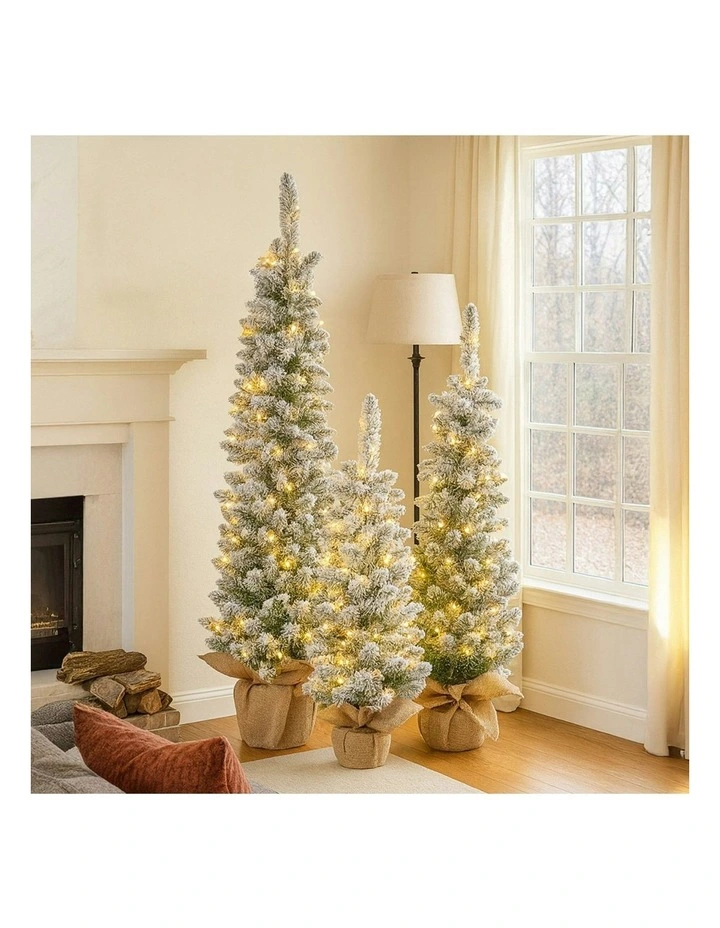 Christmas Trees with LED Lights & Hessian Base Set Of 3 in Multi image 5