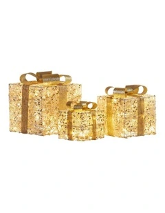 Battery Operated Christmas Gift Boxes With Warm White LED Lights Indoor Decorative Holiday Set Of 3 in Gold