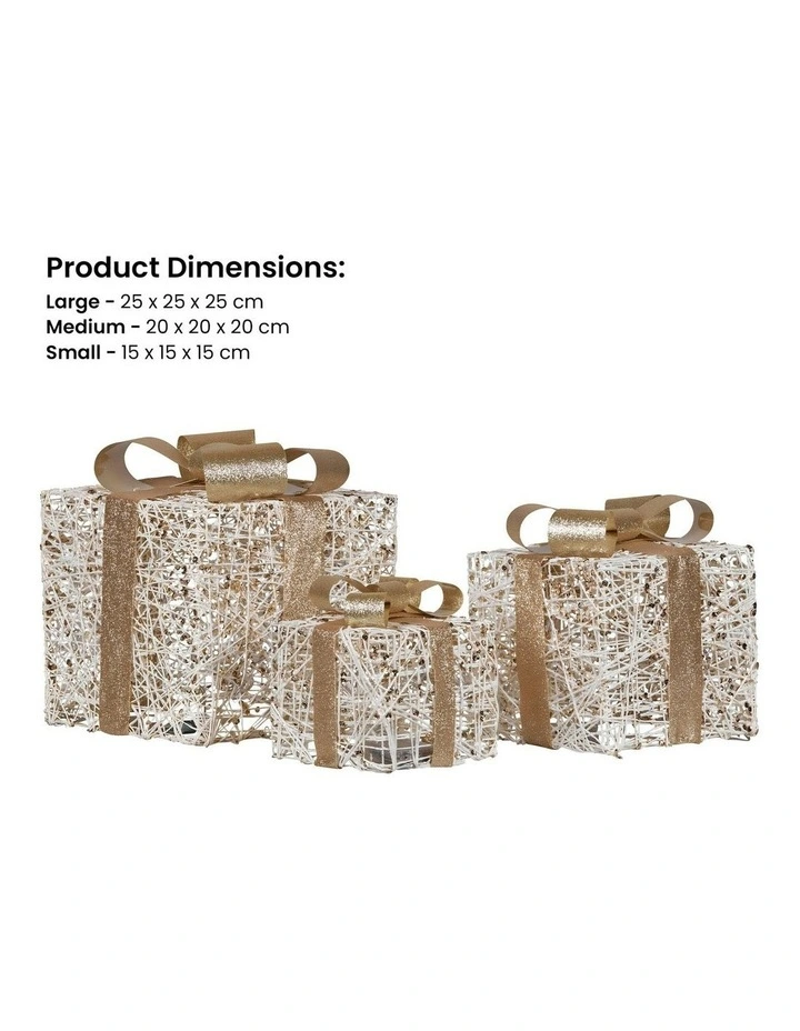 Battery Operated Christmas Gift Boxes With Warm White LED Lights Indoor Decorative Holiday Set Of 3 in Gold image 2