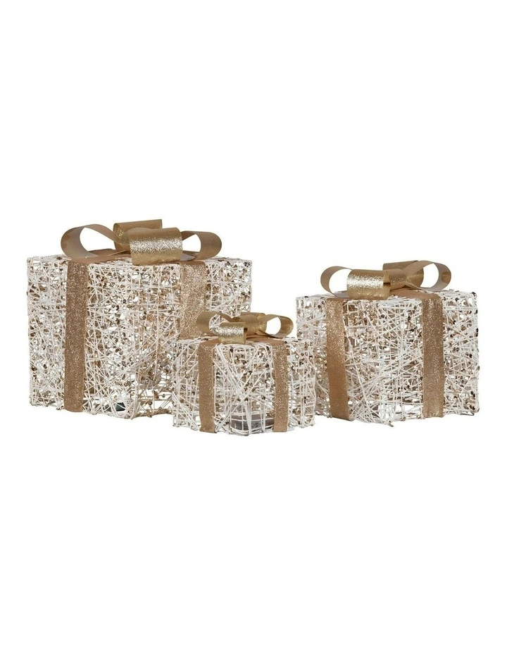 Battery Operated Christmas Gift Boxes With Warm White LED Lights Indoor Decorative Holiday Set Of 3 in Gold image 3