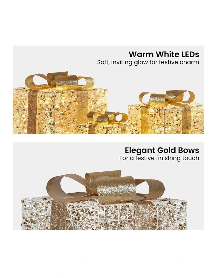 Battery Operated Christmas Gift Boxes With Warm White LED Lights Indoor Decorative Holiday Set Of 3 in Gold image 4