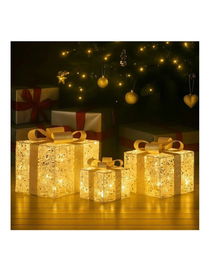 Battery Operated Christmas Gift Boxes With Warm White LED Lights Indoor Decorative Holiday Set Of 3 in Gold image 5