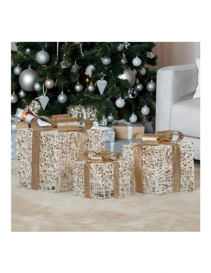 Battery Operated Christmas Gift Boxes With Warm White LED Lights Indoor Decorative Holiday Set Of 3 in Gold image 6