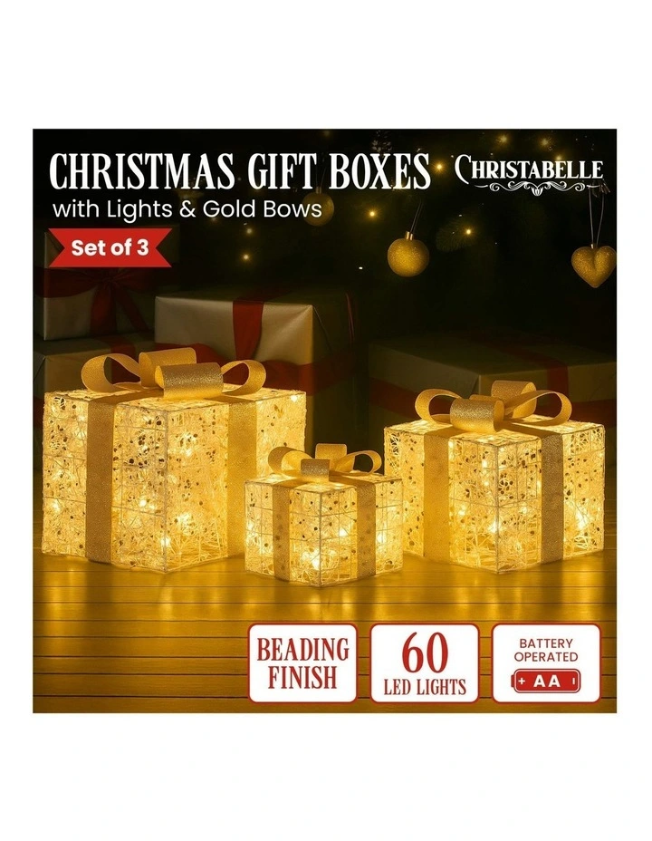 Battery Operated Christmas Gift Boxes With Warm White LED Lights Indoor Decorative Holiday Set Of 3 in Gold image 7