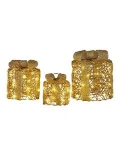 Battery Operated Golden Cylindrical Christmas Gift Boxes With Warm LED Lights Set Of 3 in Gold