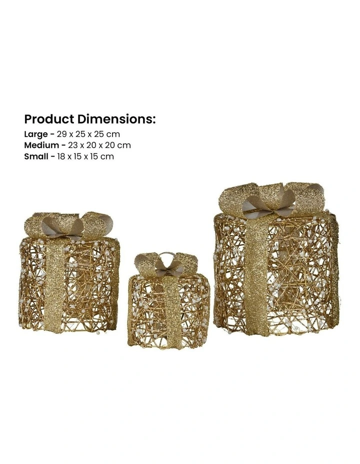 Battery Operated Golden Cylindrical Christmas Gift Boxes With Warm LED Lights Set Of 3 in Gold image 2