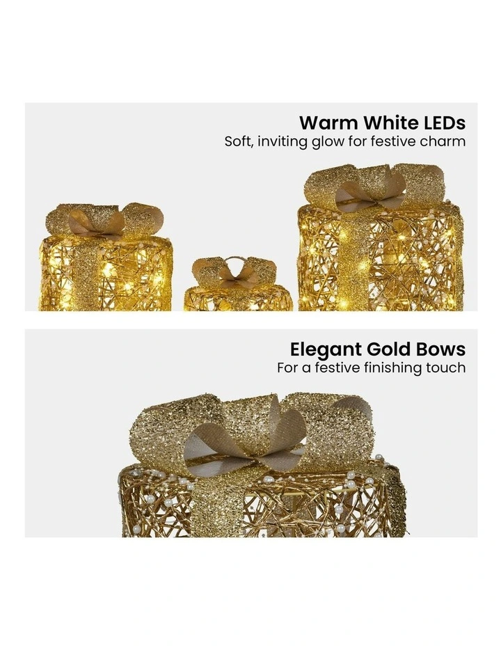 Battery Operated Golden Cylindrical Christmas Gift Boxes With Warm LED Lights Set Of 3 in Gold image 4