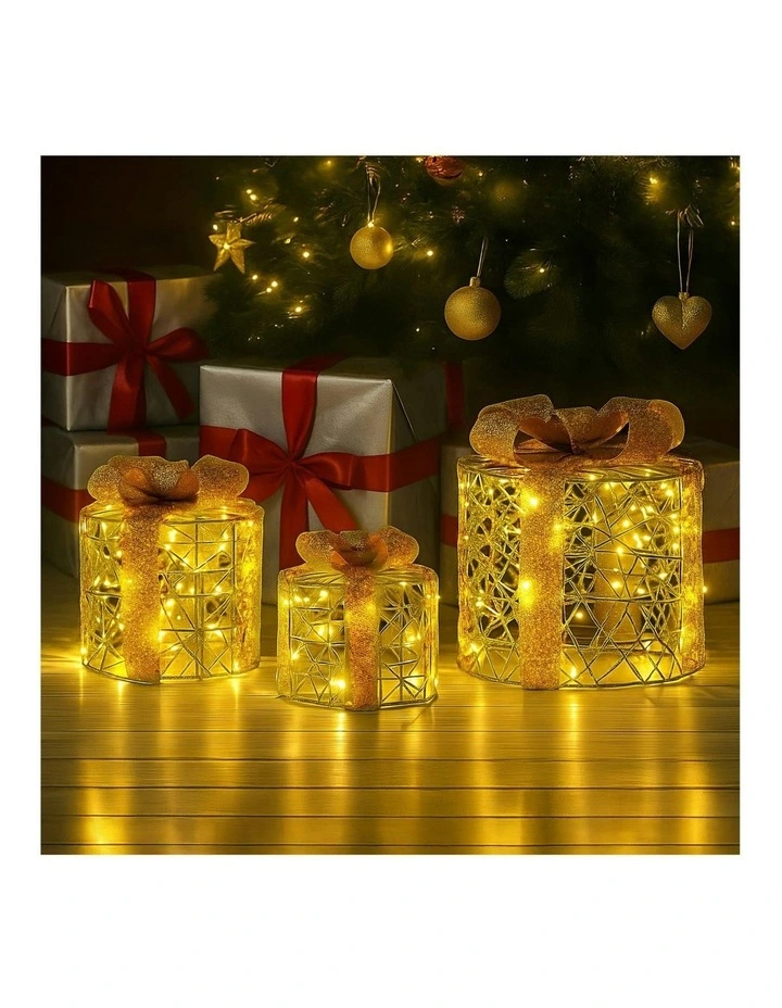 Battery Operated Golden Cylindrical Christmas Gift Boxes With Warm LED Lights Set Of 3 in Gold image 5