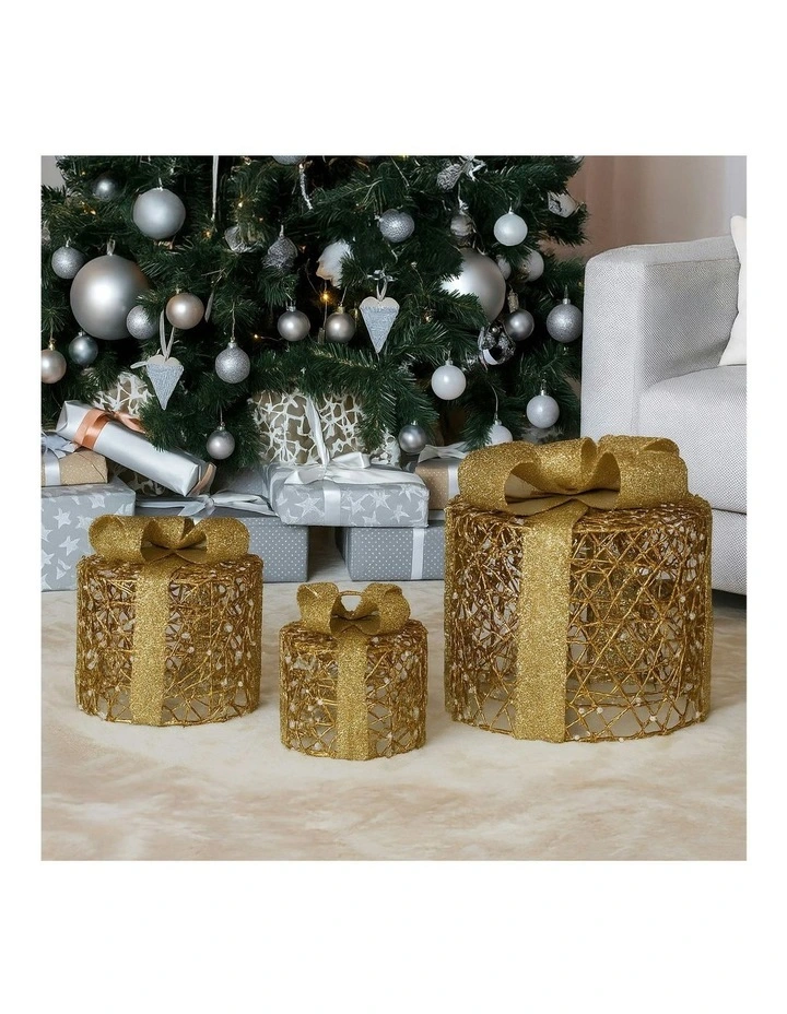 Battery Operated Golden Cylindrical Christmas Gift Boxes With Warm LED Lights Set Of 3 in Gold image 6