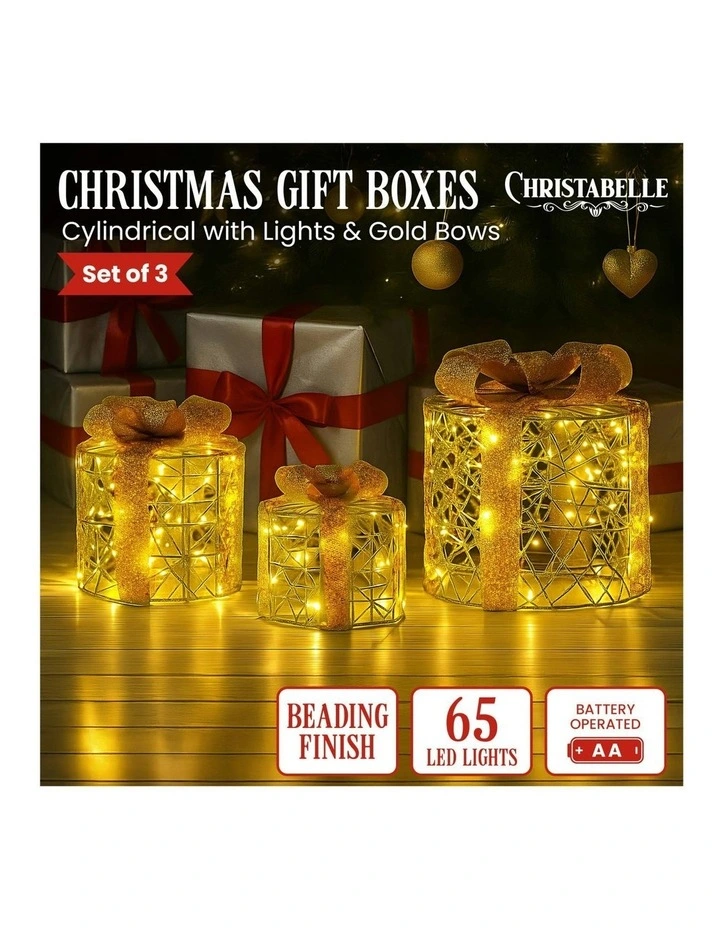 Battery Operated Golden Cylindrical Christmas Gift Boxes With Warm LED Lights Set Of 3 in Gold image 7