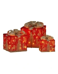 Battery Operated Christmas Gift Boxes With Lights, Gold Scenery & Gold Bows Set Of 3 in Red