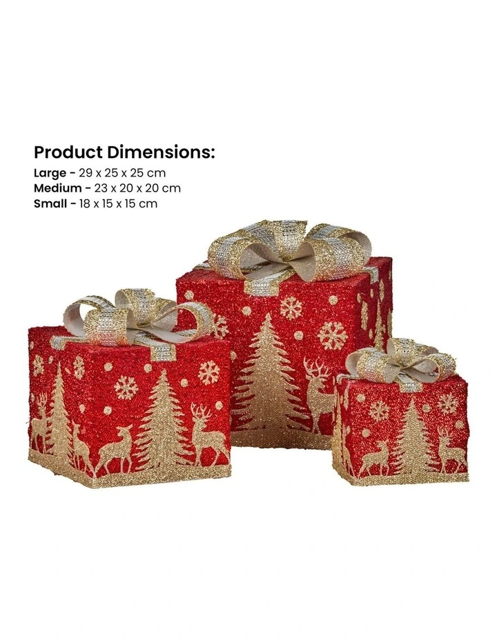 Battery Operated Christmas Gift Boxes With Lights, Gold Scenery & Gold Bows Set Of 3 in Red image 2
