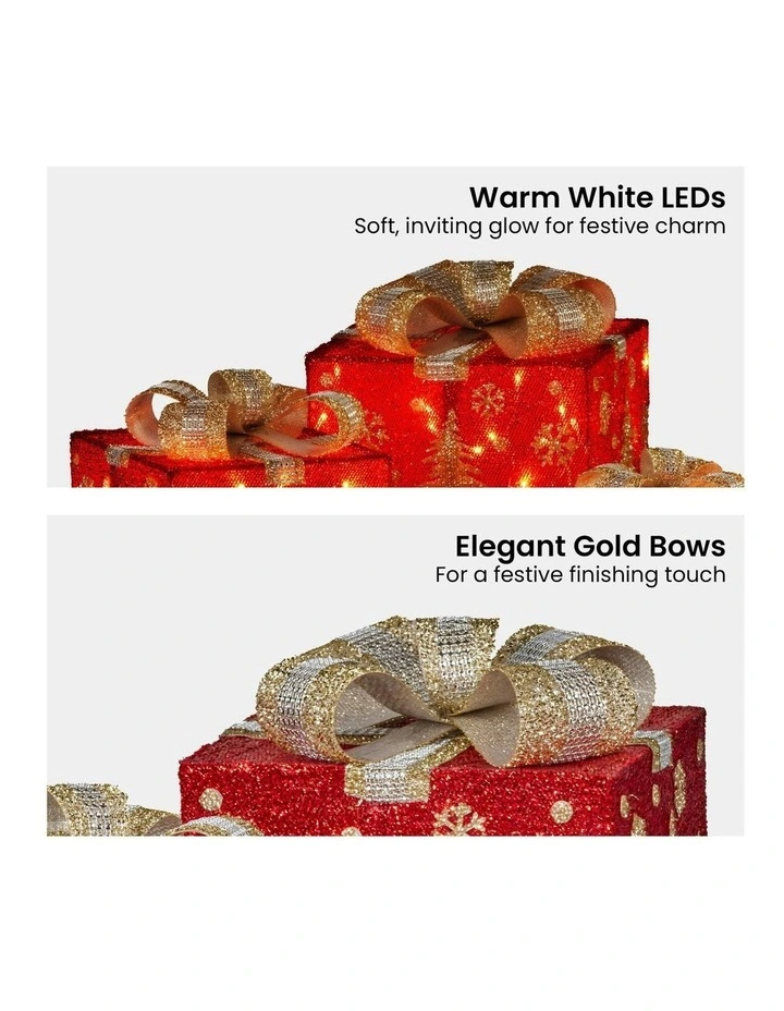 Battery Operated Christmas Gift Boxes With Lights, Gold Scenery & Gold Bows Set Of 3 in Red image 3