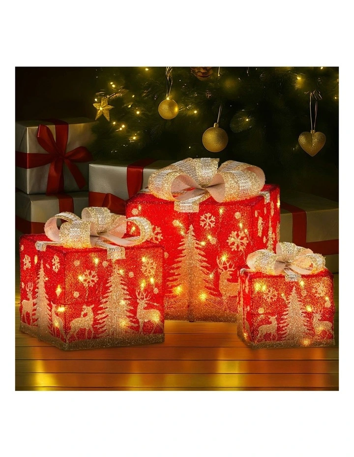 Battery Operated Christmas Gift Boxes With Lights, Gold Scenery & Gold Bows Set Of 3 in Red image 4