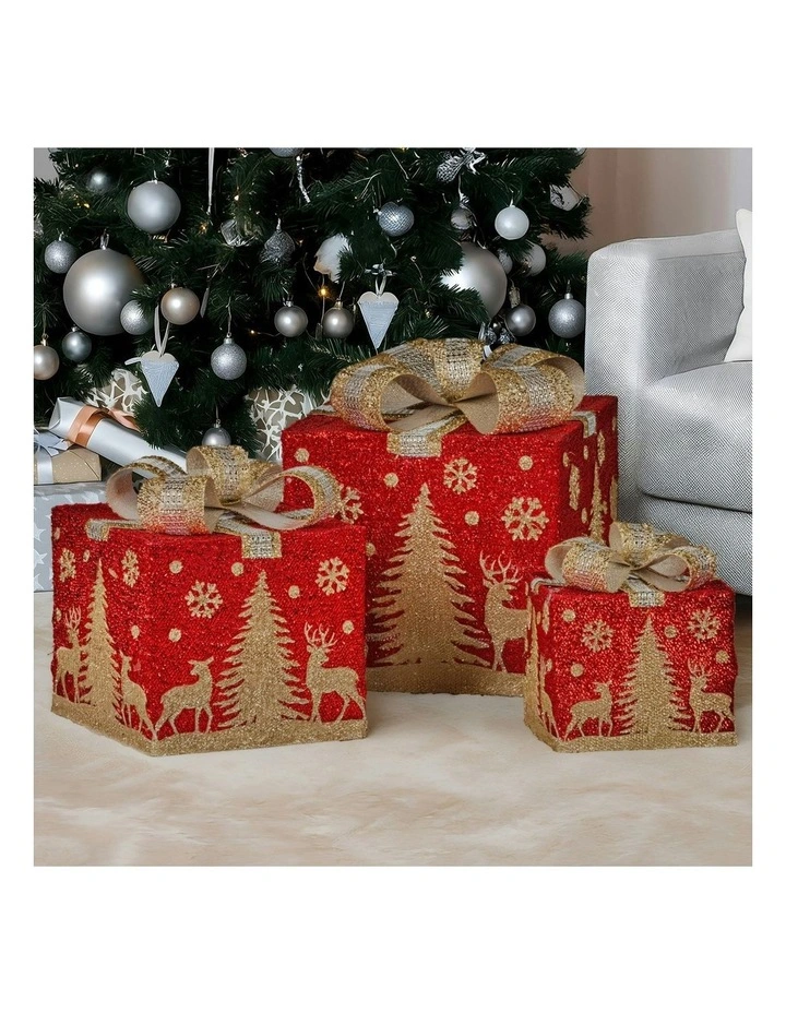 Battery Operated Christmas Gift Boxes With Lights, Gold Scenery & Gold Bows Set Of 3 in Red image 5