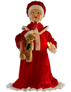 Animated Mrs. Claus Christmas Decor With Music And Glowing Candle in Red