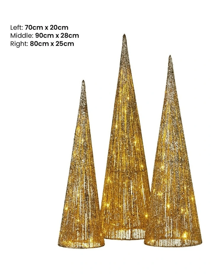 Indoor Outdoor Display Decoration LED Lights Christmas Tree 3 Pieces in Gold image 1