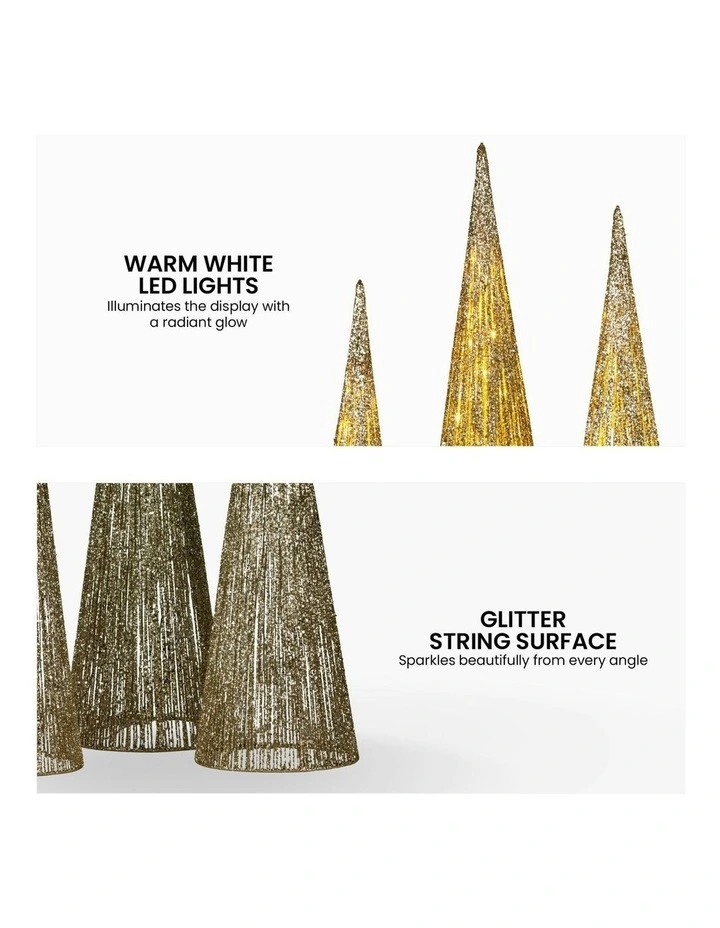 Indoor Outdoor Display Decoration LED Lights Christmas Tree 3 Pieces in Gold image 2