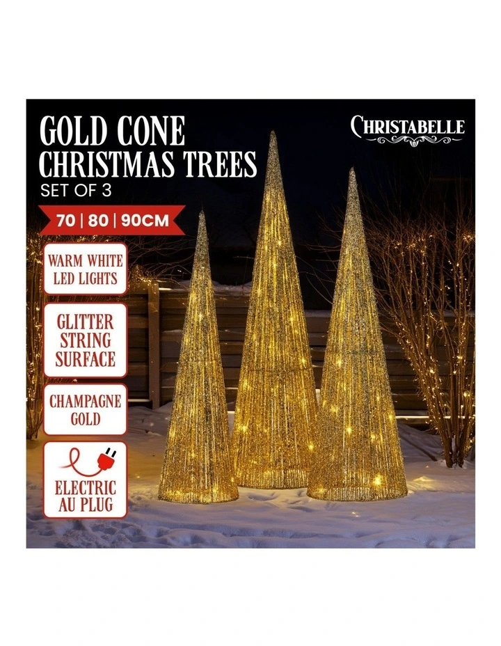 Indoor Outdoor Display Decoration LED Lights Christmas Tree 3 Pieces in Gold image 3