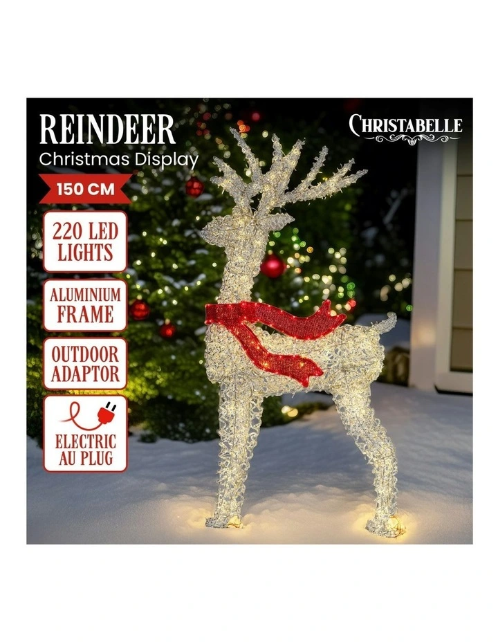 Christmas Reindeer Display LED Lights Bow Aluminium Frame Xmas Decor 150cm in White image 3
