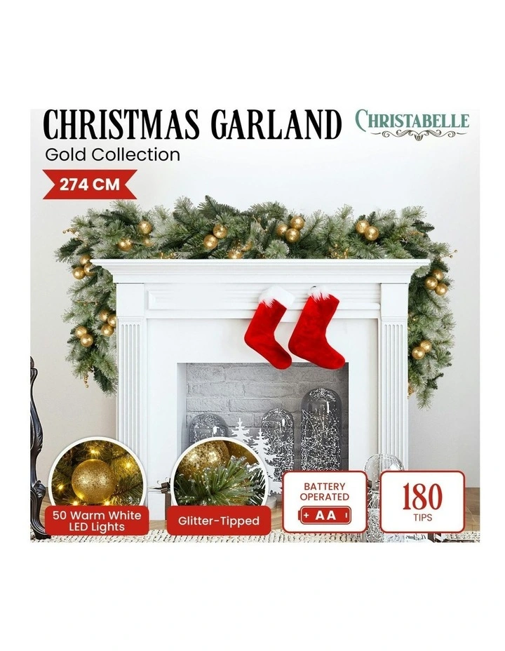 LED Warm White Lights Pre-Lit Christmas Garland in 274cm in Gold image 6