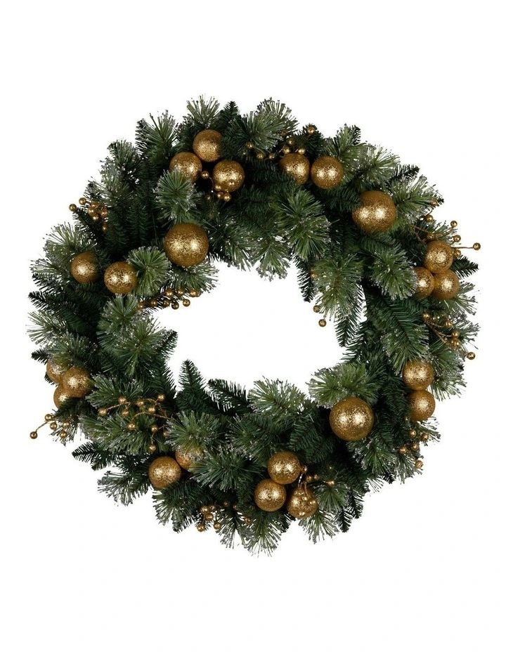 Christmas Wreath Warm White Lights Xmas Decor 61cm in Gold Baubles image 2