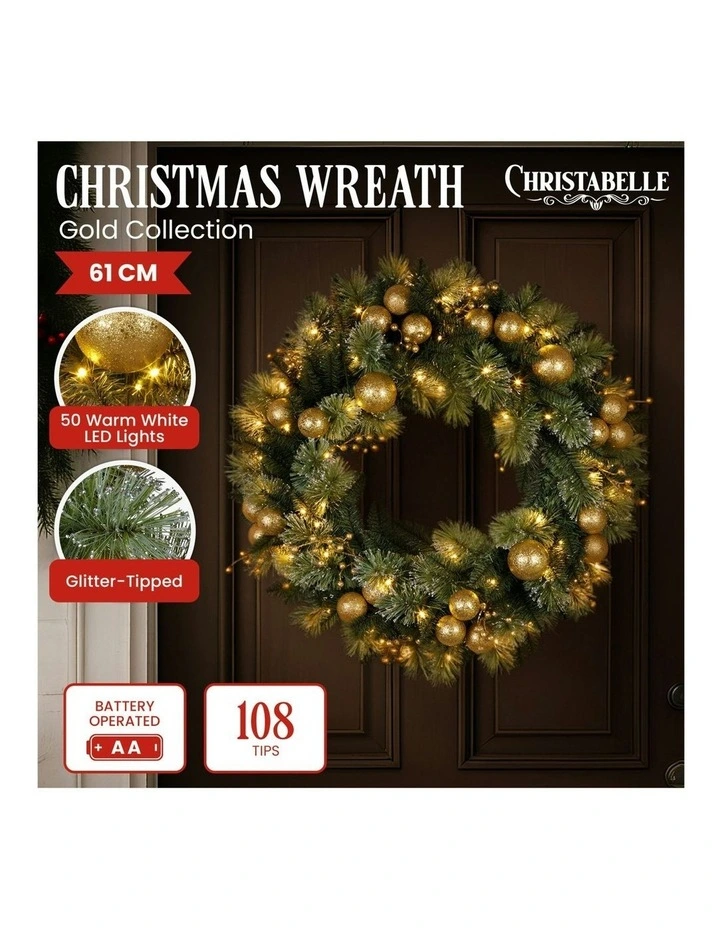 Christmas Wreath Warm White Lights Xmas Decor 61cm in Gold Baubles image 3